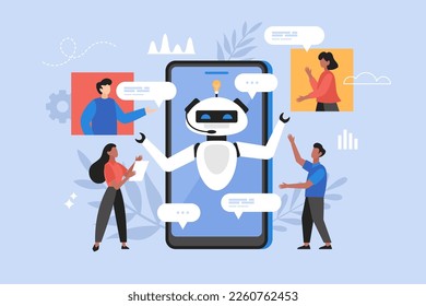Artificial intelligence chat service business concept. Modern vector illustration of people using AI technology and talking to chatbot 