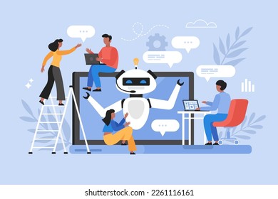 Artificial intelligence chat service business concept. Modern vector illustration of people using AI technology and talking to chatbot on website