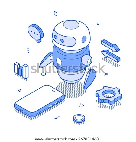 Artificial intelligence chatbot assistance smartphone application isometric vector illustration. AI robotic digital technology automation machinery chat customer support service mobile app