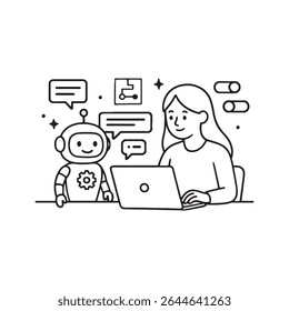Chatbot de inteligencia artificial ayudando a la mujer con un proyecto de conversación en línea