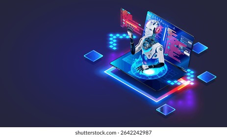 A artificial intelligence chatbot helps a programmer to program. An AI in the form of a robot sticks his head out from a laptop screen. Create the program code. creating software using an AI chatbot.