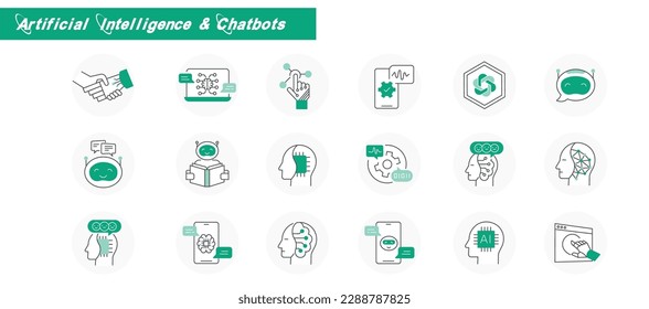 Artificial Intelligence and chatbot icons. Virtual assistant icons. Smart chatbot icons. Vector Editable Stroke.