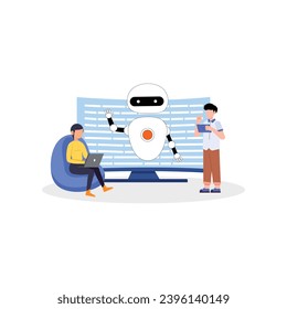 Artificial Intelligence, Chatbot, using and chatting artificial intelligence chat bot developed by tech company. Digital chat bot, robot application, conversation assistant concept flat vector
