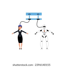 Artificial Intelligence, Chatbot, using and chatting artificial intelligence chat bot developed by tech company. Digital chat bot, robot application, conversation assistant concept flat vector