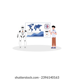 Artificial Intelligence, Chatbot, using and chatting artificial intelligence chat bot developed by tech company. Digital chat bot, robot application, conversation assistant concept flat vector