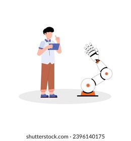 Artificial Intelligence, Chatbot, using and chatting artificial intelligence chat bot developed by tech company. Digital chat bot, robot application, conversation assistant concept flat vector