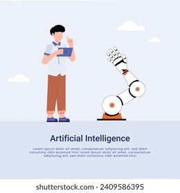 Artificial Intelligence, Chatbot, using and chatting artificial intelligence chat bot developed by tech company. Digital chat bot, robot application, conversation assistant concept flat vector
