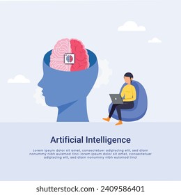 Artificial Intelligence, Chatbot, using and chatting artificial intelligence chat bot developed by tech company. Digital chat bot, robot application, conversation assistant concept flat vector