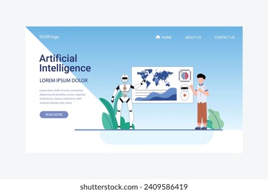 Artificial Intelligence, Chatbot, using and chatting artificial intelligence chat bot developed by tech company. Digital chat bot, robot application, conversation assistant concept flat vector