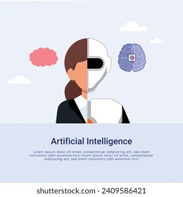 Artificial Intelligence, Chatbot, using and chatting artificial intelligence chat bot developed by tech company. Digital chat bot, robot application, conversation assistant concept flat vector