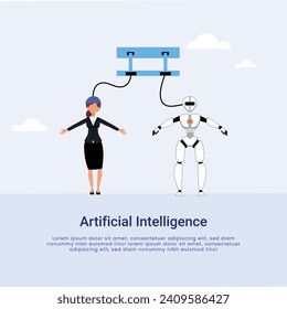 Artificial Intelligence, Chatbot, using and chatting artificial intelligence chat bot developed by tech company. Digital chat bot, robot application, conversation assistant concept flat vector