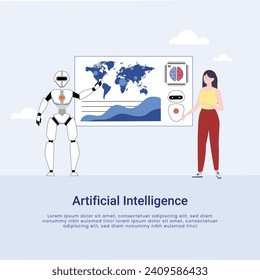 Artificial Intelligence, Chatbot, using and chatting artificial intelligence chat bot developed by tech company. Digital chat bot, robot application, conversation assistant concept flat vector