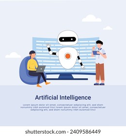 Artificial Intelligence, Chatbot, using and chatting artificial intelligence chat bot developed by tech company. Digital chat bot, robot application, conversation assistant concept flat vector