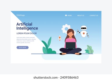 Artificial Intelligence, Chatbot, using and chatting artificial intelligence chat bot developed by tech company. Digital chat bot, robot application, conversation assistant concept flat vector