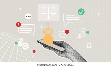 Artificial intelligence and chatbots on smartphones, digital communication, automation, online support, technology, and innovation. A trendy, modern, minimalist halftone collage. Vector illustration