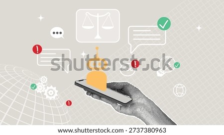 Artificial intelligence and chatbots on smartphones, digital communication, automation, online support, technology, and innovation. A trendy, modern, minimalist halftone collage. Vector illustration