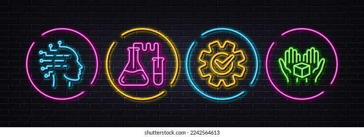 Artificial intelligence, Chemistry lab and Cogwheel minimal line icons. Neon laser 3d lights. Hold box icons. For web, application, printing. Vector
