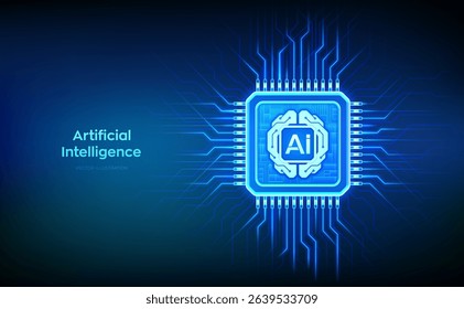 Artificial Intelligence chip with AI digital brain circuit board icon. Artificial intelligence integrated into a microprocessor. AI processor technology concept. CPU microchip. Vector illustration.