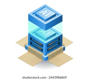 Artificial intelligence chip application concept, flat isometric 3d illustration