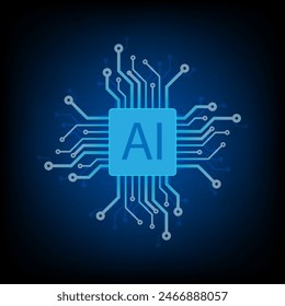 Artificial intelligence chip with electronic circuit pattern on blue background, Artificial intelligence AI and machine learning concept 
