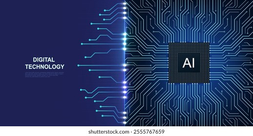 Artificial intelligence chip with glowing lines. Innovative machine learning concept. Technology background with printed circuit board and central processor.
