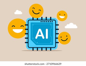 Chip de inteligencia artificial con emoticonos alegres y alegres. Concepto de ayuda y tecnología. Ilustración plana de Vector