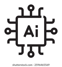 Artificial intelligence chip icon, AI processor and machine learning symbol, black and white vector illustration isolated on white background.