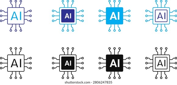 Artificial Intelligence chip icon set featuring modern AI processor and microchip symbols in outline, filled, and dual-color styles. This vector collection represents artificial intelligence, machine learning, neural networks, digital computing, automation, and advanced technology concepts. Ideal for websites, mobile apps, dashboards, presentations, UI-UX design, branding, software interfaces, infographics, technology blogs, and AI-related projects. Clean, scalable, and professional icons suitable for both print and digital use.

#ArtificialIntelligence #AI #Chip #Processor #CPU #Microchip #Technology #Circuit #MachineLearning #NeuralNetwork #Automation #Digital #Computing #Vector #IconSet #OutlineIcons #FilledIcons #UI #UX #Innovation