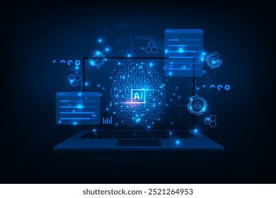 Artificial intelligence chip on a laptop monitor. Abstract digital technology innovation background.