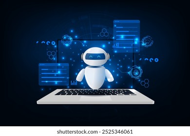 Artificial intelligence chip on a laptop with robot. Abstract digital technology innovation background.