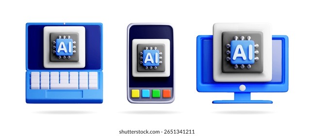 Artificial intelligence chip on laptop, desktop monitor, and smartphone screen for smart technology. Concept of AI in devices.