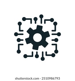 Artificial intelligence chip processing data with gear symbol