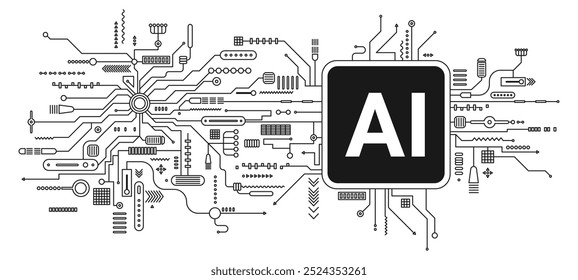 Processador de chip de inteligência artificial. Histórico da tecnologia de IA. Banner de inteligência artificial. Ciência contemporânea, conceito eletrônico e digital