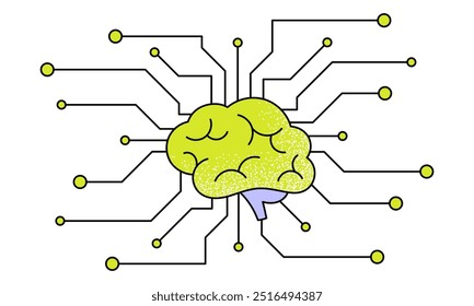 Conjunto de Ilustración vectorial plana de procesador de chip de inteligencia artificial. Cerebro de IA con líneas de microcircuito