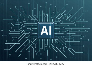 Artificial intelligence chip processor pictogram. AI technology background. Glowing digital circuit board. Microchip and neural network. Modern CPU. Computer database. Vector illustration.