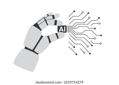 Artificial intelligence chip processor. Robots hand holding chip processor isolated on white. AI concept.