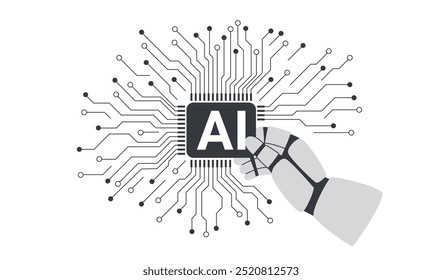 Artificial intelligence chip processor. Robots hand holding chip processor isolated on white. AI concept.	