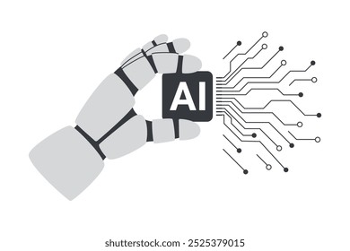Processador de chip de inteligência artificial. Robots mão segurando processador chip isolado no branco. conceito de IA.
