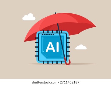 Artificial intelligence chip under umbrella. The technology is protected and in safe. Flat vector illustration