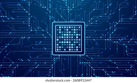 Artificial Intelligence Chipset with Glowing Circuit Lines on Dark Background. Futuristic Technology, Data Processing, and Digital Network Concept. Vector Illustration.