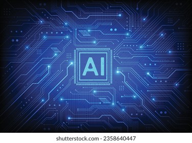 Conjunto de chips de inteligencia artificial en placa de circuito en arte de tecnología de concepto futurista para web, banner, tarjeta, cubierta. Ilustración del vector