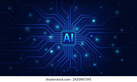 Conjunto de chips de inteligencia artificial en placa de circuito, fondo abstracto futurista estilo Hitech, diseño de concepto de tecnología, diseño de aprendizaje automático, plantilla, ilustración vectorial para banner y web.