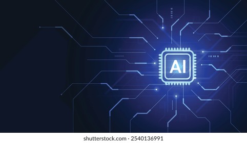 Chipset de inteligência artificial na placa de circuito em tecnologia de conceito futurista arte para web, banner, cartão, capa. Ilustração vetorial