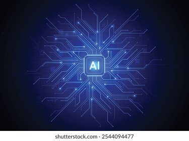 Conjunto de chips de inteligencia artificial en placa de circuito en ilustraciones de tecnología de concepto futurista para Web, Anuncio, tarjeta, cubierta. Ilustración vectorial