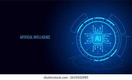 Artificial intelligence chipset processor circuit board. Technology Ai computing concept Ai circle working data of Artificial intelligence and futuristic digital for future on dark blue background.