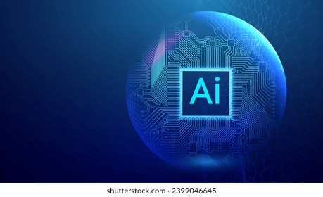 Artificial intelligence circuit blue technology background.