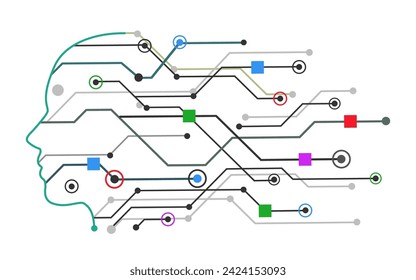 Artificial intelligence circuit board human side face digital technology, face with technological connections