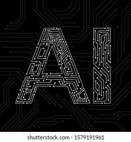 Artificial Intelligence with circuit board isolated on black background. Abstract technology concept. Vector illustration