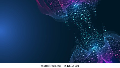 Artificial Intelligence with circuit electric line style. Digital futuristic machine learning design. AI graphic design for website, banner, header, social media, mobile app, UI. Vector illustration.