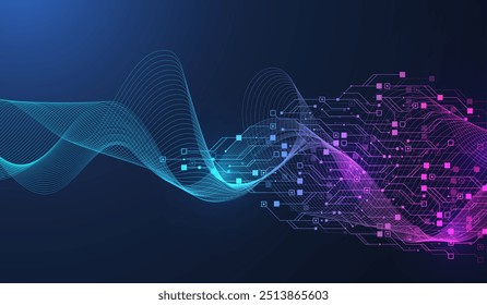 Artificial Intelligence with circuit electric line style. Digital futuristic machine learning design. AI graphic design for website, banner, header, social media, mobile app, UI. Vector illustration.